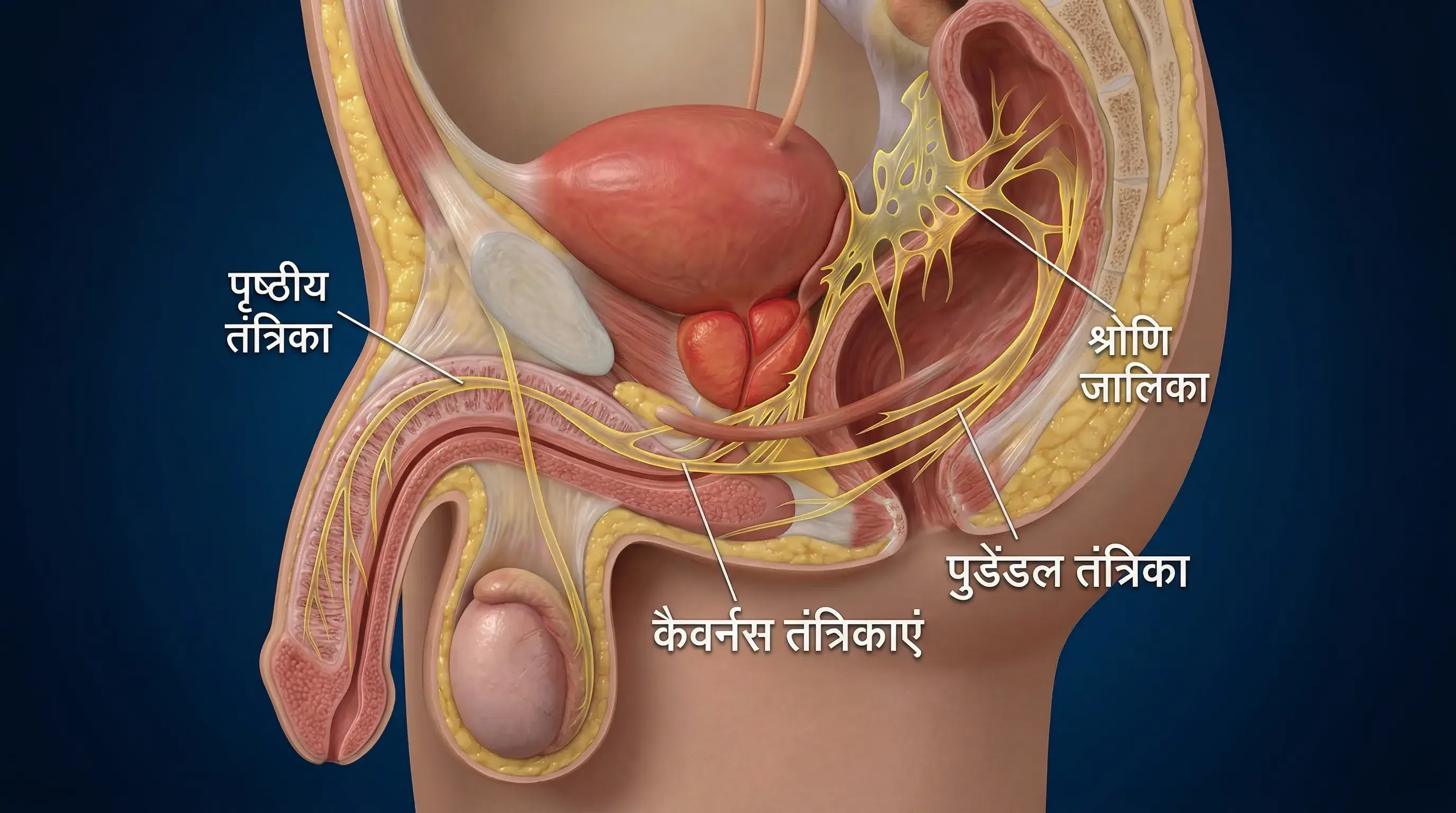 कैवर्नस नसों और रक्त वाहिकाओं को दिखाने वाली प्रोस्टेट ग्रंथि की शारीरिक रचना