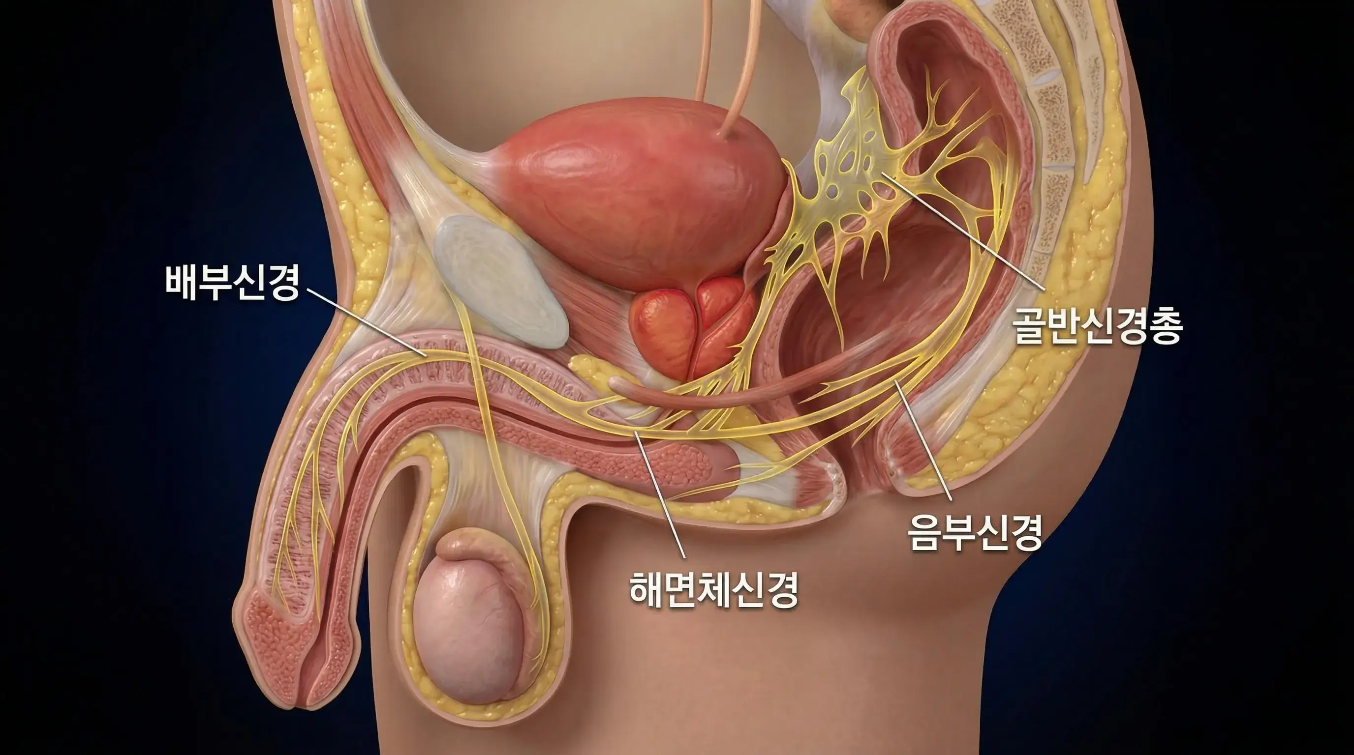 해면체 신경과 혈관을 보여주는 전립선 해부학