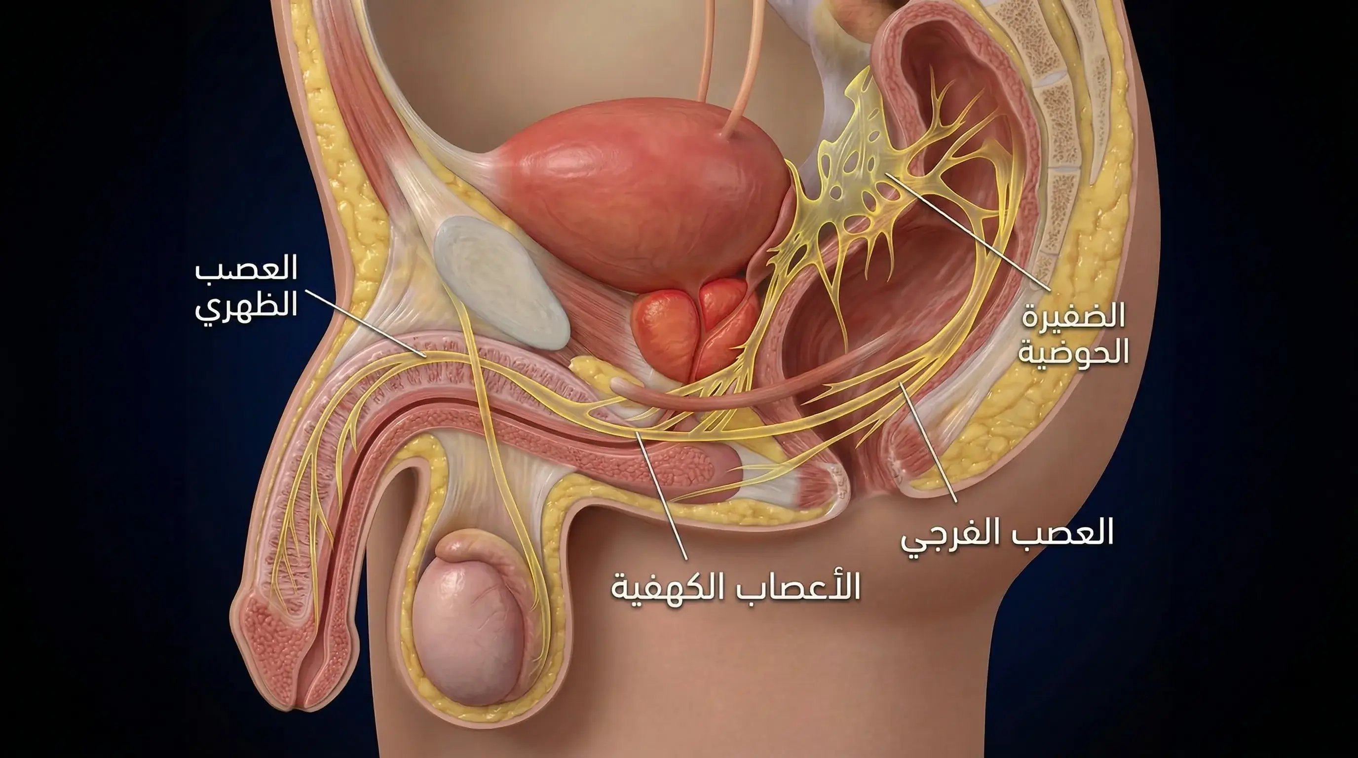 تشريح غدة البروستاتا يوضح الأعصاب الكهفية والأوعية الدموية